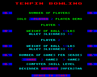 Superstar Indoor Sports (Electron) screenshot: Settings for bowling