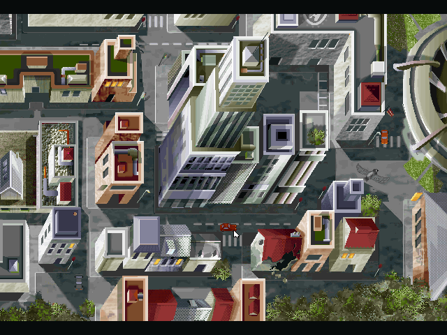 Hopkins FBI (Windows) screenshot: Once in the car, the game is top-down, navigation is done by clicking on buildings. Our car is the red one by the pointer.