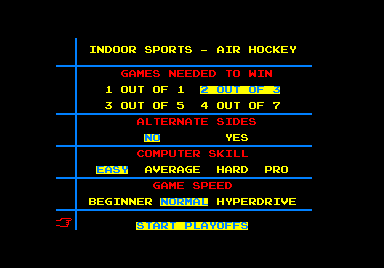 Superstar Indoor Sports (Amstrad CPC) screenshot: Settings for air hockey