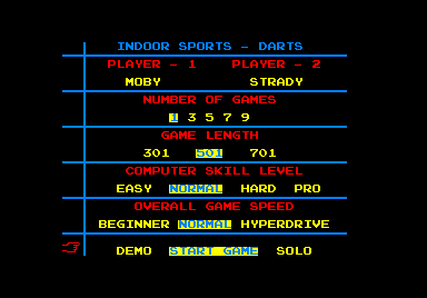 Superstar Indoor Sports (Amstrad CPC) screenshot: Settings for darts