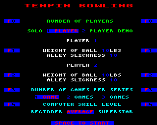Superstar Indoor Sports (BBC Micro) screenshot: Settings for bowling