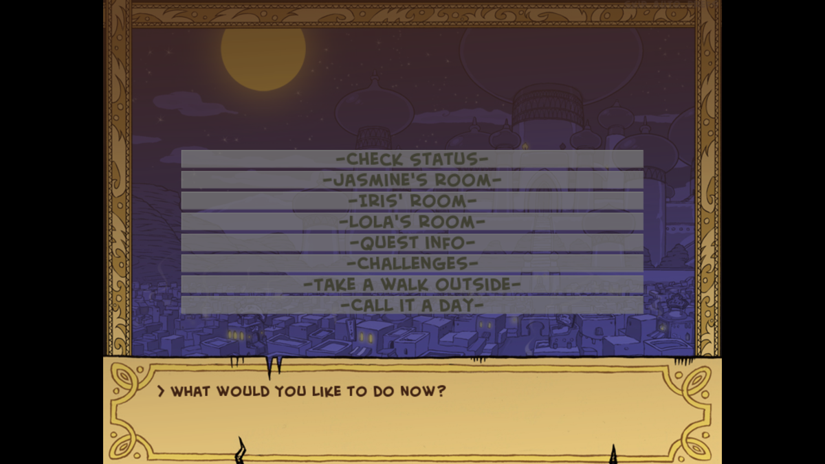 Akabur's Princess Trainer (Windows) screenshot: Options in Genie's house at night