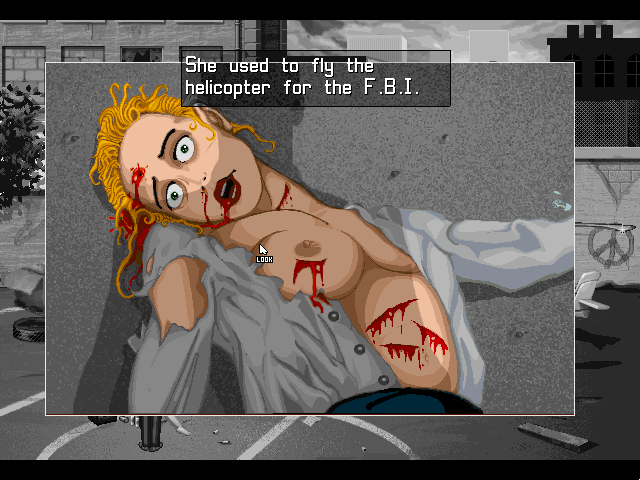 Hopkins FBI (Windows) screenshot: This was the pilot who was ordered to fly the villains away from the bank. Once they had landed, she got killed. Some of the gore is still in the UK version, even without the patch.