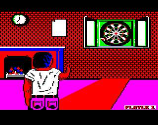 Superstar Indoor Sports (BBC Micro) screenshot: Throwing the dart