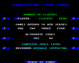 Superstar Indoor Sports (BBC Micro) screenshot: Settings for ping pong