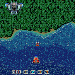 ImageFight (Sharp X68000) screenshot: The Pod attaches to the side of the ship, red one can be aimed at enemies, blue one fires straight