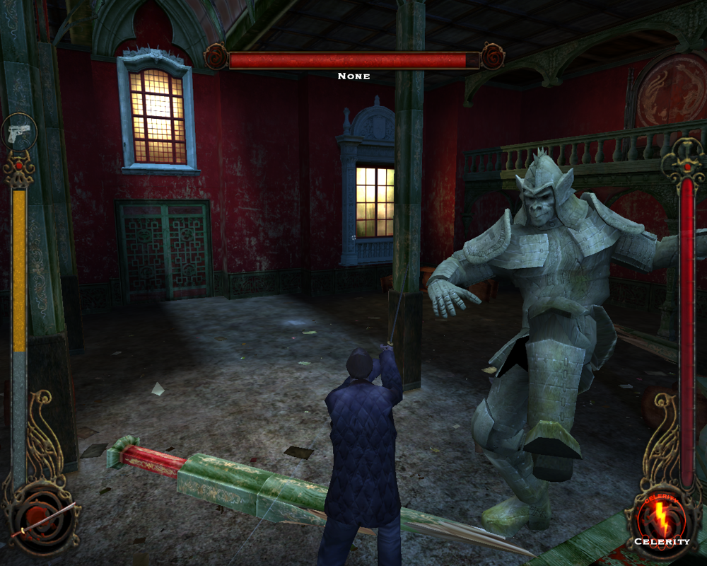 Vampire: The Masquerade - Bloodlines (Windows) screenshot: Hey, you... stone monkey! You like my new vest?.. This optional boss battle takes place in a stylish Asian mansion