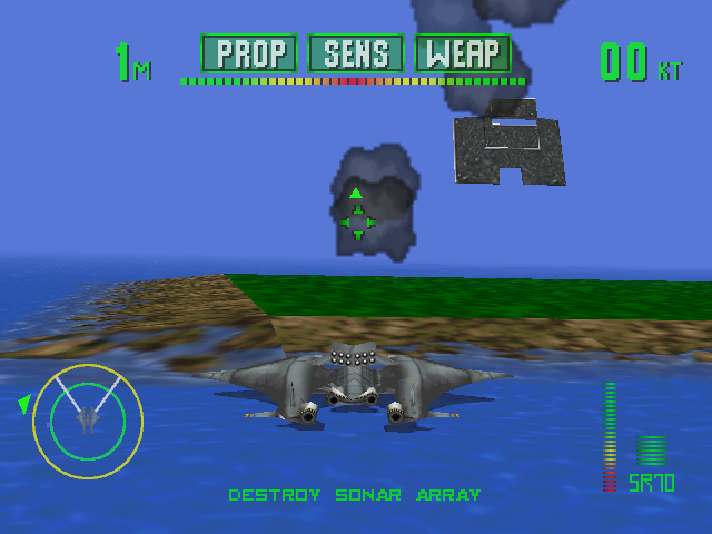 Tigershark (Windows) screenshot: Blowing up the gun tower, this is a simple training exercise.