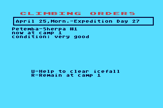 Everest Explorer (Atari 8-bit) screenshot: Issuing Climbing Orders