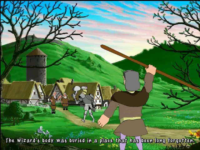 Gilbert Goodmate and the Mushroom of Phungoria (Windows) screenshot: Game intro (3) - the knight-antihero returns with the item which mysteriously allowed him to conquer the wizard...