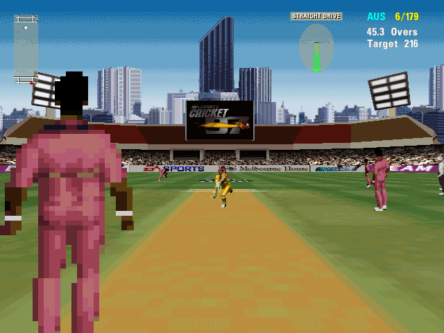 Cricket 97: Ashes Tour Edition (Windows) screenshot: Close-up view as the striker hits the ball.