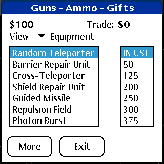 Interlopers (Palm OS) screenshot: As well as equipment