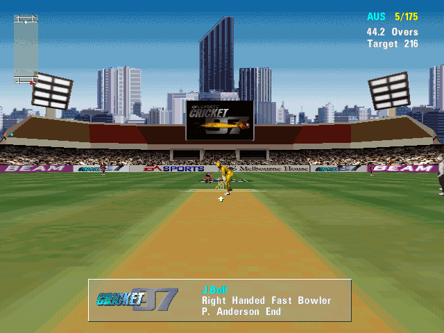 Cricket 97: Ashes Tour Edition (Windows) screenshot: Different camera view focused on the striker.