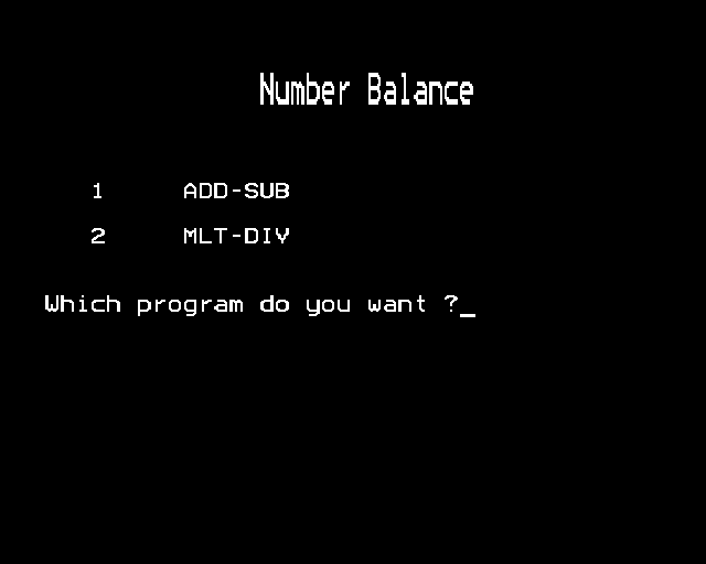 Number Balance (BBC Micro) screenshot: Program selection