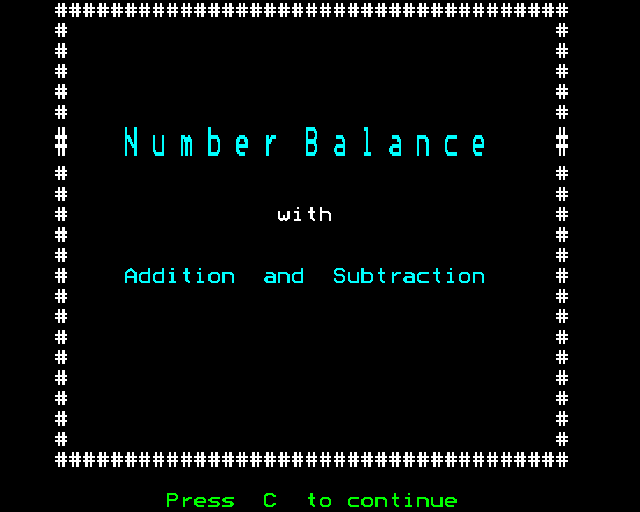 Number Balance (BBC Micro) screenshot: Title screen (add-sub)
