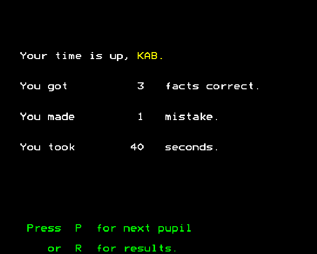 Number Balance (BBC Micro) screenshot: Results