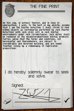 Mystery Case Files: MillionHeir (Nintendo DS) screenshot: The Fine Print