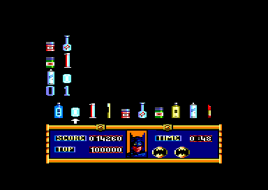 Batman (Amstrad CPC) screenshot: Stage 3: By elimination, find out which three items carry the Joker's poison. Ocean liked to include this kind of puzzles in their games.