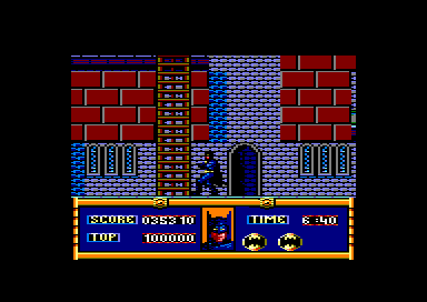 Batman (Amstrad CPC) screenshot: Stage 5: The Gotham Cathedral is the setting for your ultimate face off with the Joker. It won't be easy!