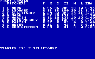 Computer Baseball (DOS) screenshot: Roster of Team Royal's Pitchers
