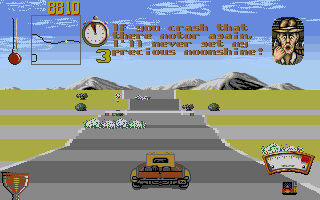 Moonshine Racers (Amiga) screenshot: Your goal is to deliver the moonshine to Tucker and he gets upset when you crash too much.