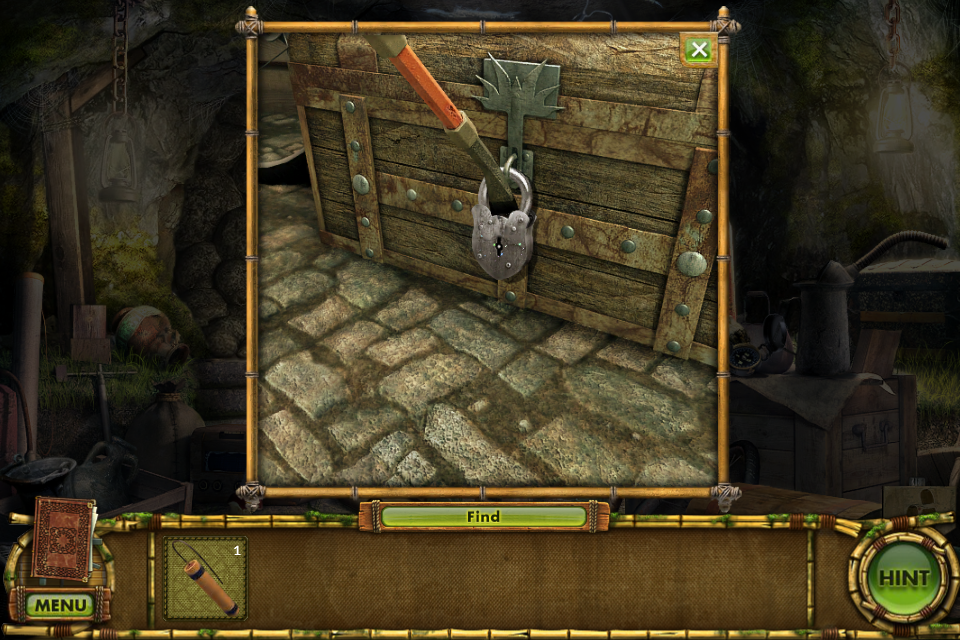 The Treasures of Mystery Island: The Gates of Fate (iPhone) screenshot: Using a crowbar to open the lock
