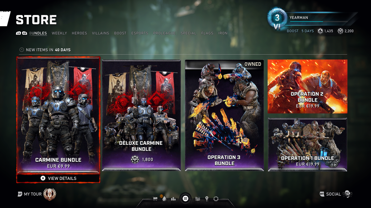 Gears 5: Carmine Bundle (Xbox One) screenshot: Selecting the DLC from the store. There's also a deluxe Carmine bundle that can only be purchased through the game with in-game currency.