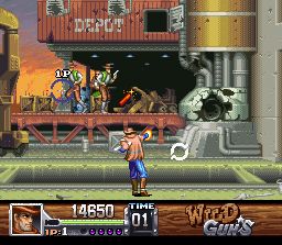 Wild Guns (SNES) screenshot: Ammunition Depot stage 1. Clint picks up some dynamite and throws it back to where it came from