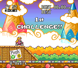 Excitebike: BunBun Mario Battle Stadium (SNES) screenshot: First try, the farther you jump, the higher score you receive