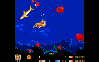 Toki (Amiga) screenshot: Sometimes you have to swim with sharks.