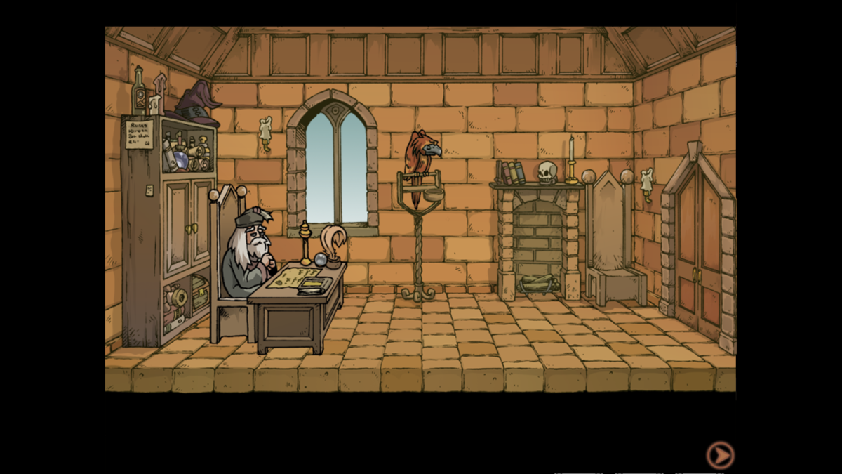 Witch Trainer (Windows) screenshot: Genie has returned to Agrabah and Dumbledore is back in his seat. After this, Hermione would come in and read the letter Genie left for her, explaining everything