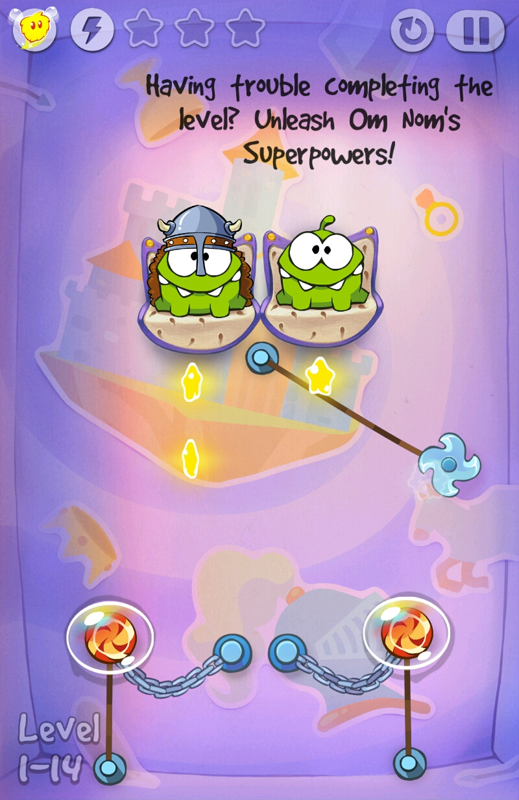 Cut the Rope: Time Travel (Android) screenshot: Buzzsaw cuts the chains, but also easily destroys the candy