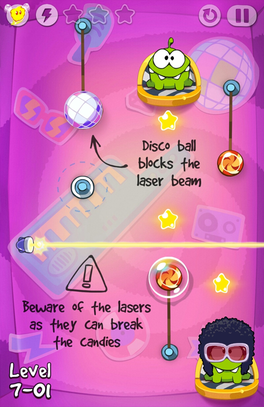 Cut the Rope: Time Travel (Android) screenshot: Deadly laser beams and disco balls