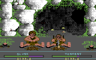 Caveman Ugh-Lympics (Commodore 64) screenshot: Firemaking