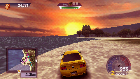 Test Drive Unlimited (PSP) screenshot: Sunset on the beach, with a Ford Mustang GT.