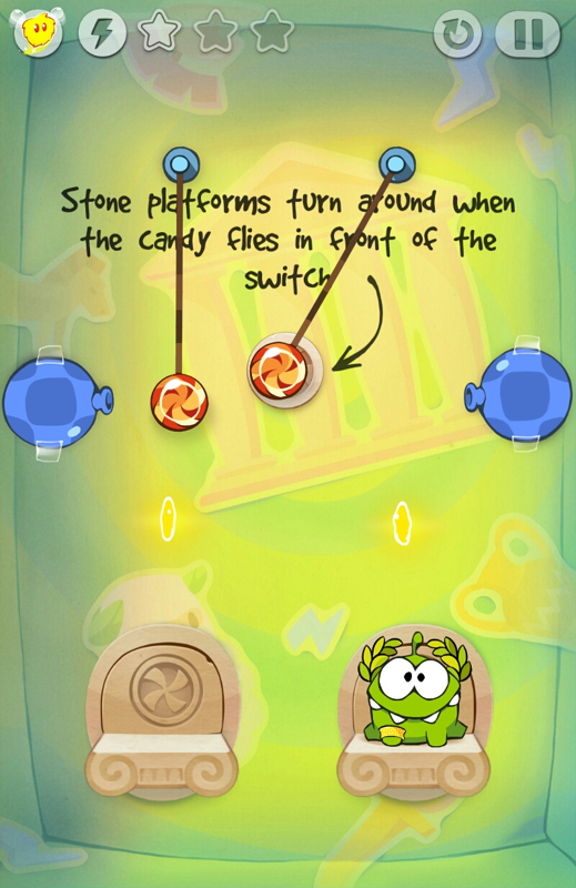 Cut the Rope: Time Travel (Android) screenshot: Platform switches are introduced in Greece