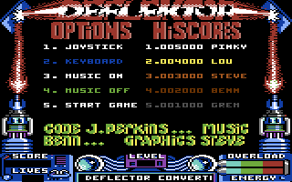 Deflektor (Commodore 64) screenshot: Title screen and main menu