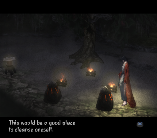 Kuon (PlayStation 2) screenshot: Sure, let's purify our souls in the darkness of the night while creepy kids sing along.