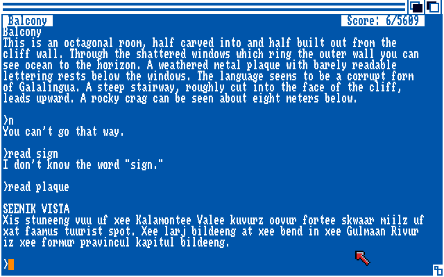 Planetfall (Amiga) screenshot: Reading a plaque. Someone needs to tell these guys about "Hooked on Phonics"