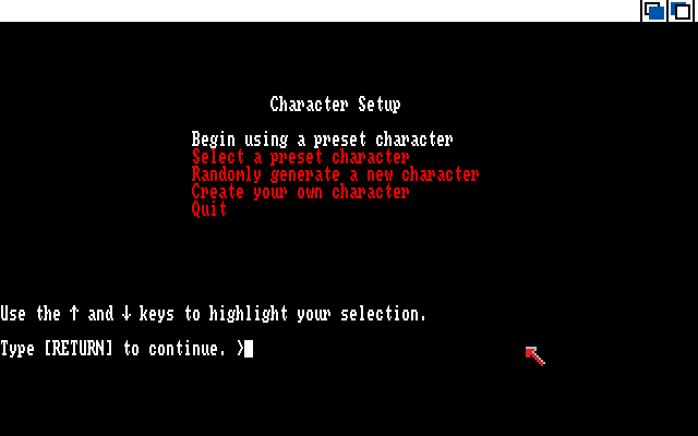 Beyond Zork: The Coconut of Quendor (Amiga) screenshot: Character Setup menu.