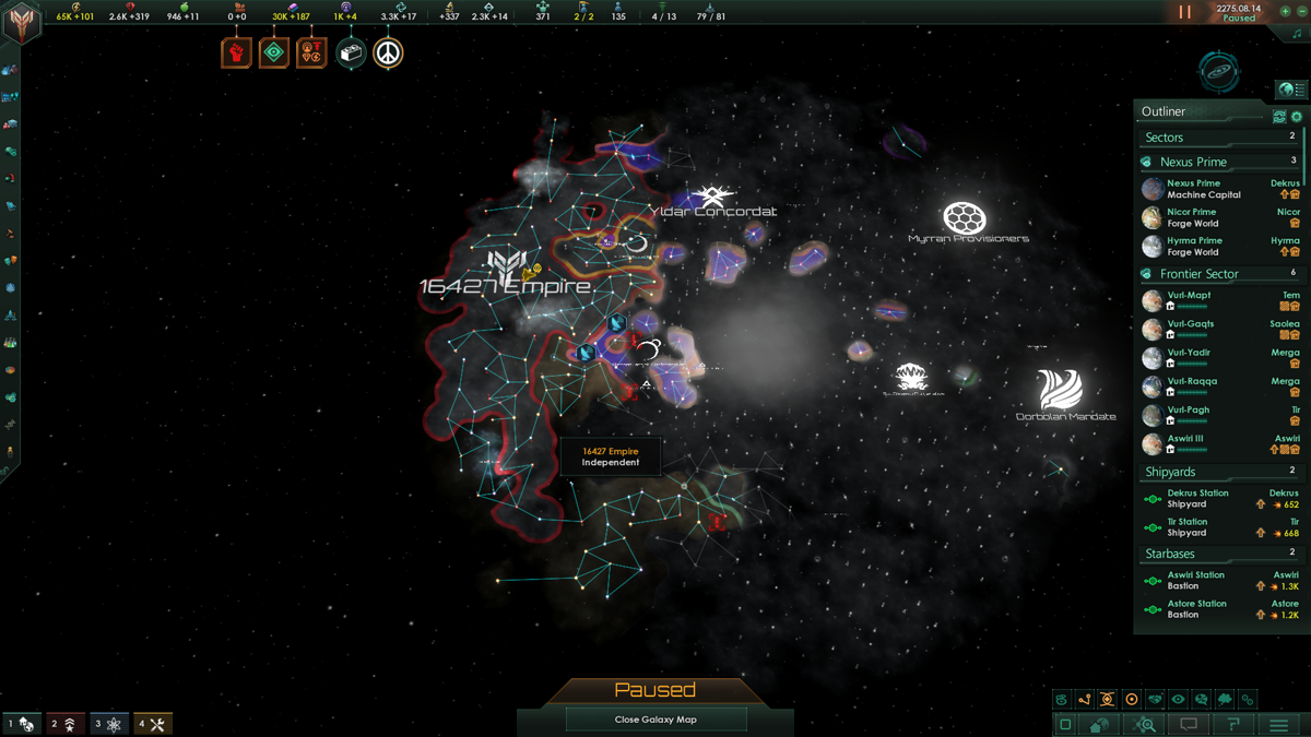 Stellaris (Windows) screenshot: Galactic map displaying your empire relative to yours