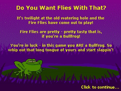 Do You Want Flies With That? (Browser) screenshot: This explains the game There are four more screens like this that explain the controls and the scoring
