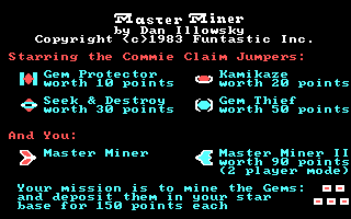 Master Miner (PC Booter) screenshot: Title screen, plus the cast of characters