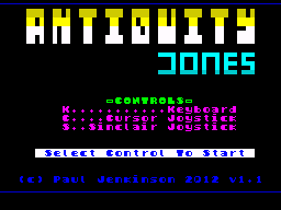 Antiquity Jones (ZX Spectrum) screenshot: Main menu