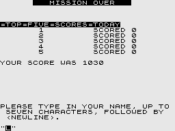 Combat Flight (ZX81) screenshot: Game over... high score