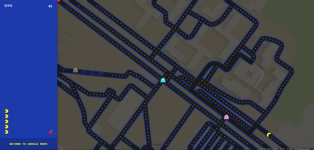Pac-Man in Google Maps (Browser) screenshot: Trying a location in Moscow for a change