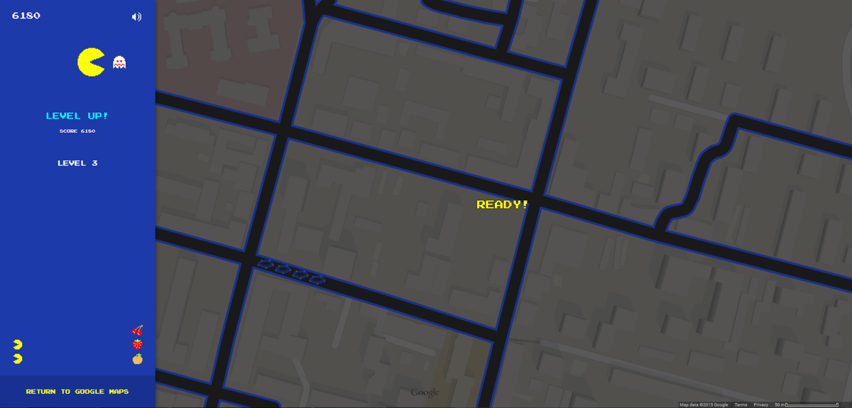 Pac-Man in Google Maps (Browser) screenshot: Level up!