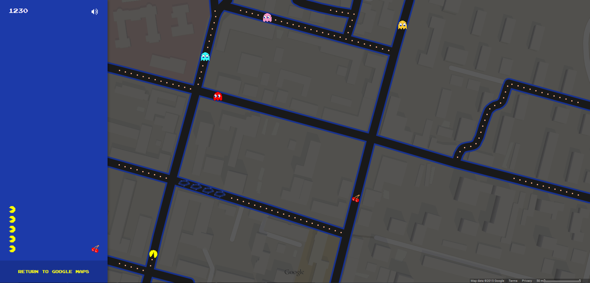 Pac-Man in Google Maps (Browser) screenshot: Game in progress