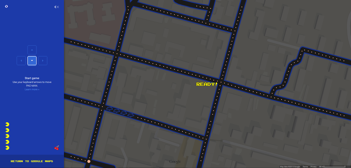 Pac-Man in Google Maps (Browser) screenshot: Choosing a random location in my home city, Vladivostok