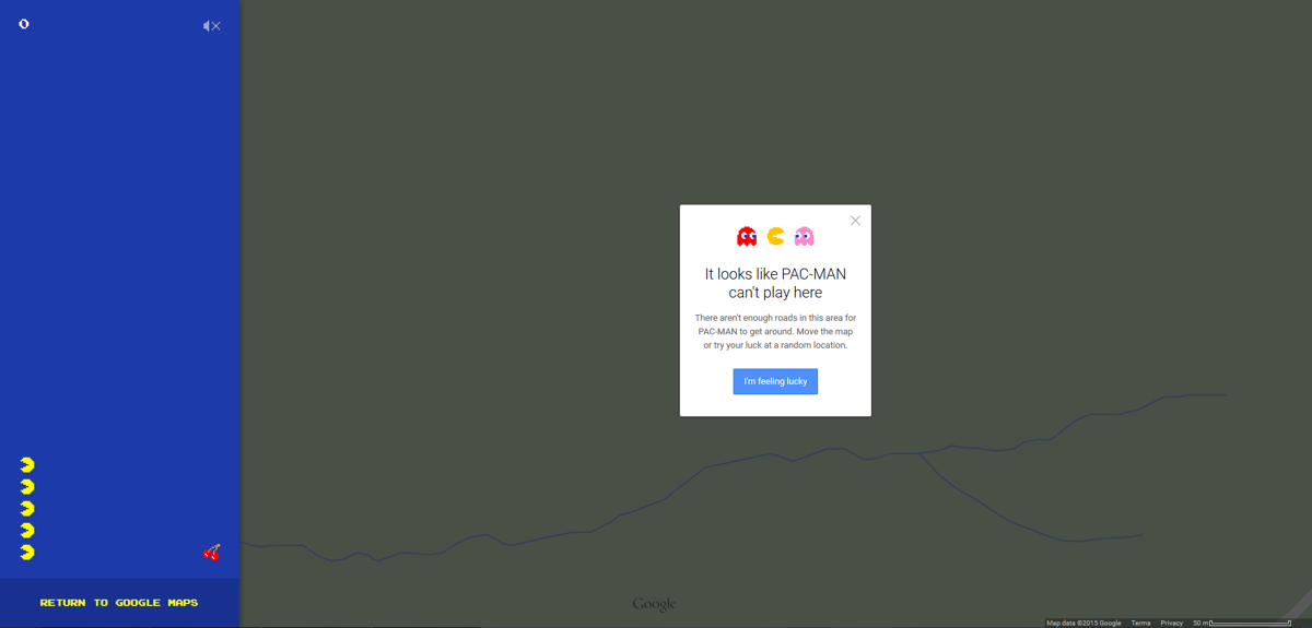 Pac-Man in Google Maps (Browser) screenshot: You can't play in areas that don't have enough roads